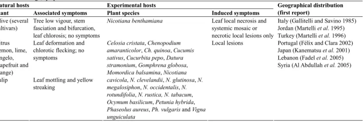 Fig. 1 Symptoms exhibited by leaves of an OLV-1 infected olive tree  showing mild to intense chlorosis (A), electron micrograph of a purified  preparation of OLV-1 (GM6 olive isolate) negatively stained in 2% 