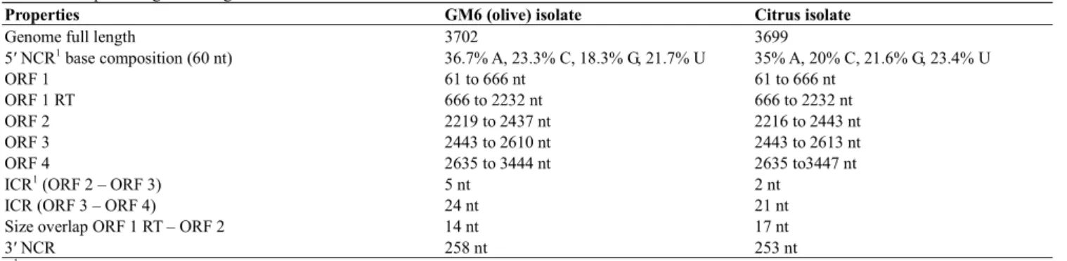 Table 2 Comparative genome organization features of OLV-1 isolates. 