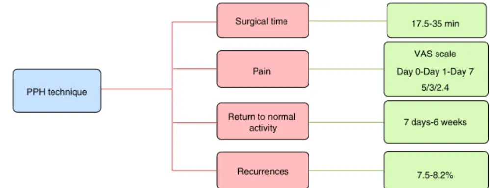 Fig. 2 – Distribution of studies according to surgical time, pain, return to activity and recurrences in the PPH technique, 2009–2015.
