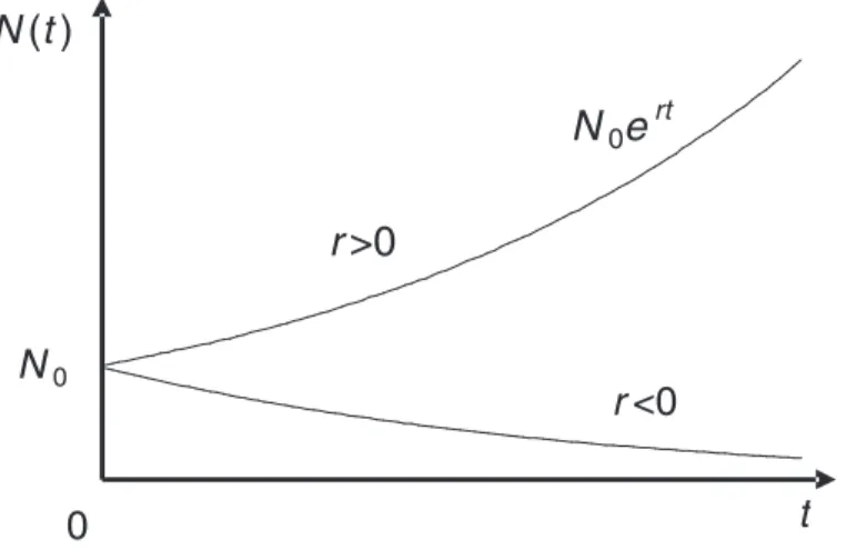 Figura 9.2: Modelo malthusiano: crescimento exponencial do tamanho da popula¸c˜ao em fun¸c˜ao do tempo