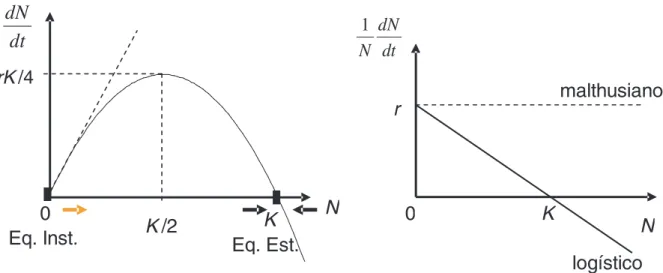 Figura 9.4: Modelo log´ıstico: taxa de crescimento dN dt e taxa de crescimento per capita