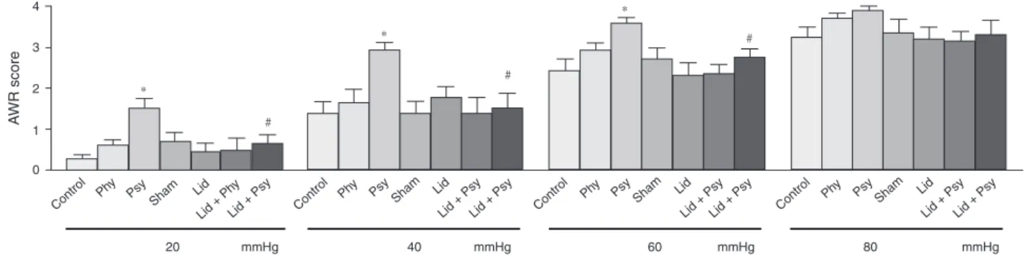 Fig. 1 – Effect of acute physical and psychological stresses and temporary central nucleus of amygdala (CeA) block on withdrawal reflex (AWR) scores