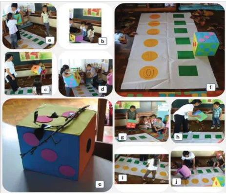 Figura 7 – Implementação do jogo «Folhas Caídas»; a), b), e h) criança a contar os pontos do  dado; c), g) criança a lançar o dado; d), i) e j) criança a associar o número obtido no dado à  quantidade de folhas recolhidas; e) e f) recursos utlizados na ati