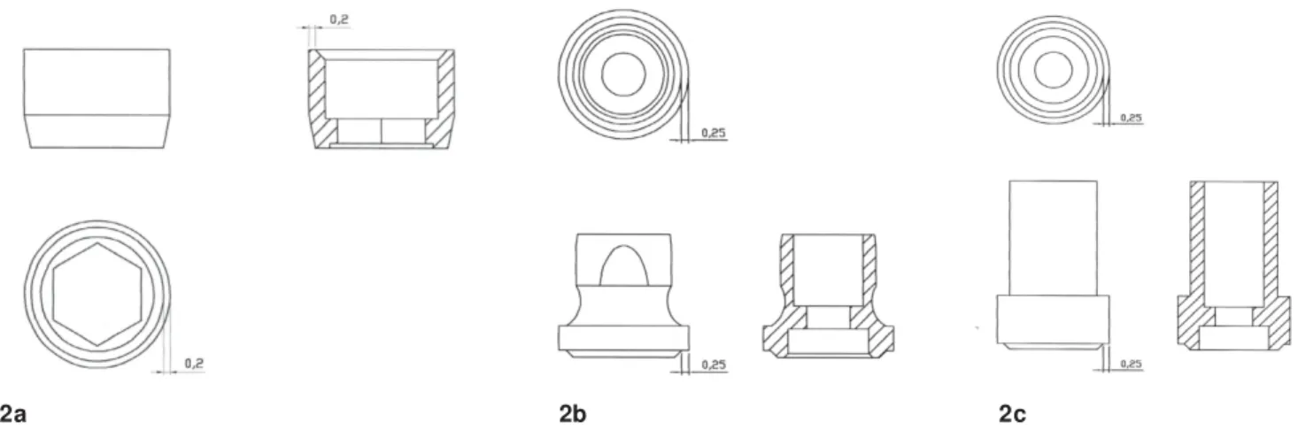 FIGURE 2- Contact surface  of prosthetic components: a) abutment ; b) metal cylinder; c) plastic cylinder