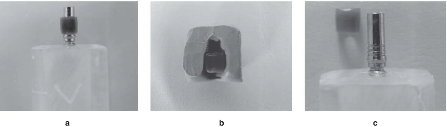 FIGURE 2-  (a) standard waxing in position over titanium UCLA, (b) silicon pattern and (c) UCLA and waxing of laser welding group
