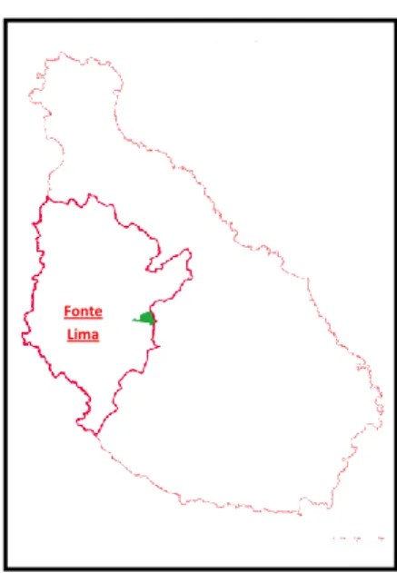 Figura 1 - Ilha de Santiago com a delimitação do concelho  de Santa Catarina e a localização de Fonte Lima
