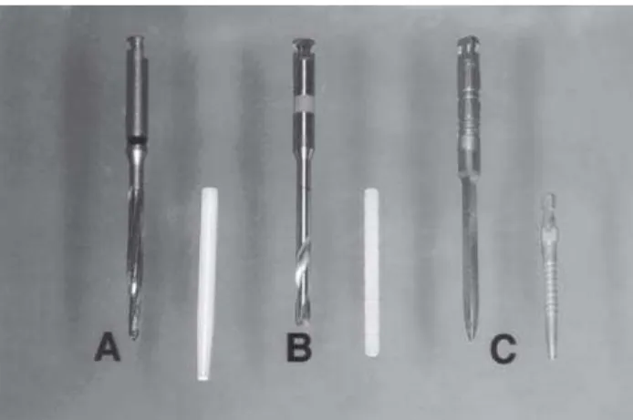 FIGURE 1-  Post systems used in the study. A- Zirconia Posts; B- Fiber Reinforced Resin Composite Posts and C- Titanium Posts