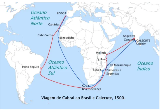 Figura 4 - Rota seguida por Pedro Alvares Cabral na viagem em que descobriu o Brasil  in  http://pt.wikipedia.org/wiki/Ficheiro:Cabral_voyage_1500_PT.png 