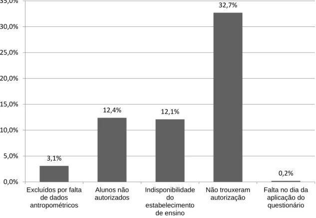 Gráfico 1 – Motivos de exclusão de participantes em frequência relativa (%) 