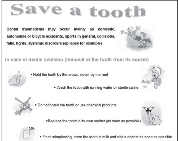 FIGURE 1-  Copy of the folder distributed to school professionals in the city of Adamantina, São Paulo State, Brazil, as part of the informative campaign on tooth avulsion
