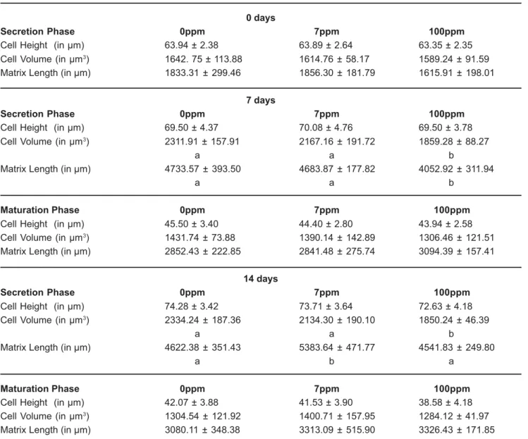 TABLE 1- Means and standard deviation of morphometric parameters from groups of 0, 7 and 14 days of postnatal life that received fluoride treatment (n = 5)