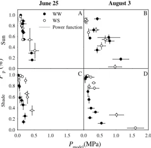 Fig.  1. Relationships  between  the  normalized  output  leaf  patch  pressure  (P’ p ,  %)  and  the  absolute  leaf  turgor  pressure modeled with the BMF model (P model ) on the two experimental dates in sunny and shaded leaves and for  the two  water 