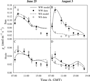 Fig. 3 (left). Evolution of gs data (points) and gs fitted with the BMF model (lines)