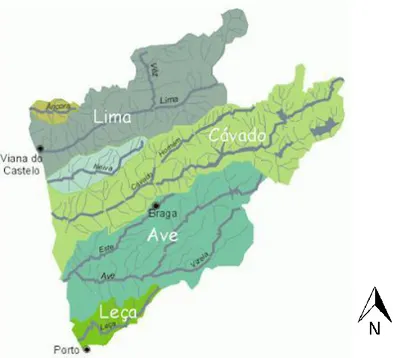 Figura 4 – Bacias hidrográficas, principais rios e seus afluentes, no NW de Portugal (retirado de  nucleoap.blogspot.com)