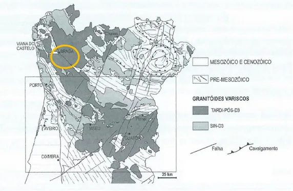 Figura 16 – Distribuição dos granitóides variscos sin-D3 e tardi-pós-D3 no centro e norte de Portugal (adaptado de  Ribeiro et al., 1972)