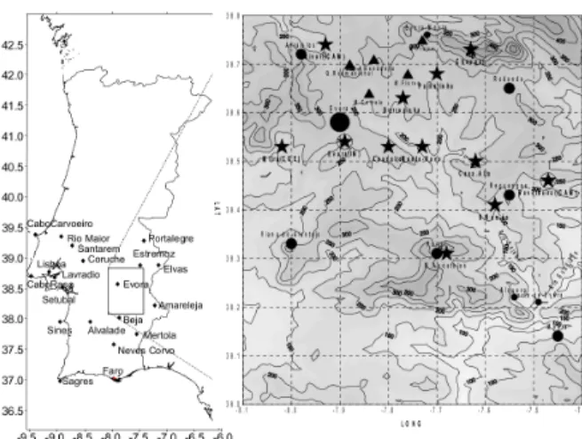 Figure 1. Left: Network of operational automatic weather stations in southern Portugal