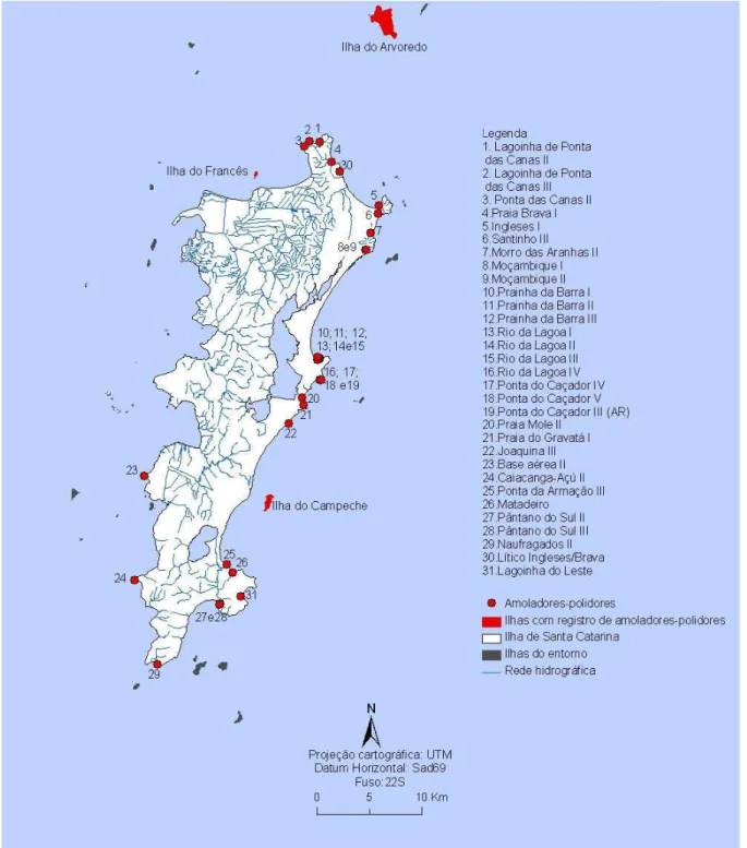Fig. 3.1: Mapa da localização dos amoladores-polidores fixos na Ilha de Santa Catarina e Ilhas adjacentes.Org