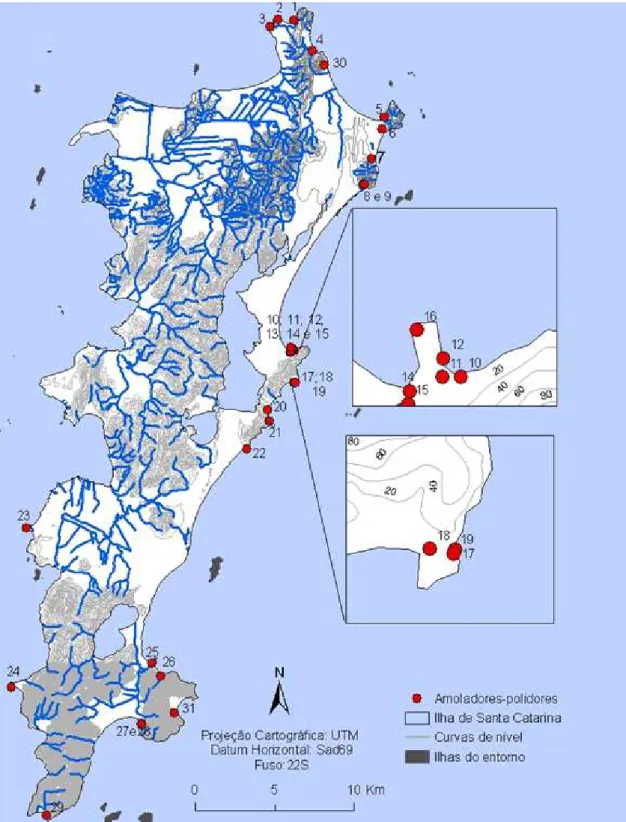 Fig. 3.2: Mapa da localização dos amoladores-polidores fixos na Ilha de Santa Catarina e Ilhas adjacentes