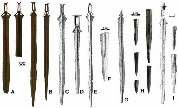 Figure 6 - Swords from Évora (A) (Photo credit: Carlo Bottaini), Safara (B) (Photo credit: Carlo Bottaini), Vilar Maior  (C) (according to Brandherm 2007, lámina 3: 18), Elvas (D) (according to Brandherm 2007, lámina 27: 166), Cacilhas  (E) (according to B