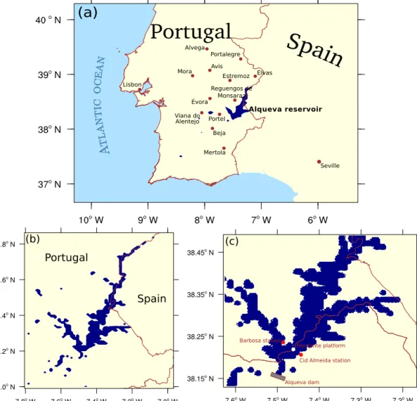 Figure 1. Nested domains used in the simulations: (a) the “father” domain at 4 km horizontal resolution with 100 × 108 grid points, with location of the 12 IPMA synoptic stations used for validation; (b) intermediate 1 km horizontal resolution domain, 96 ×