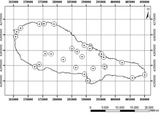 Figura 1. Distribuição espacial do esforço de amostragem. Alguns pontos       correspondem a duas ou três amostras,  referentes a habitats diferentes mas situados em áreas muito próximas.