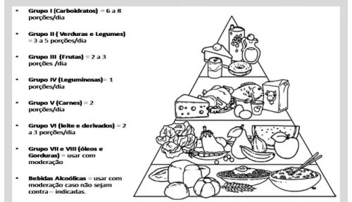Figura 1. Pirâmide Alimentar, adaptada pelo próprio autor da pesquisa de Bressan (2008) e de Pirâmide Alimentar