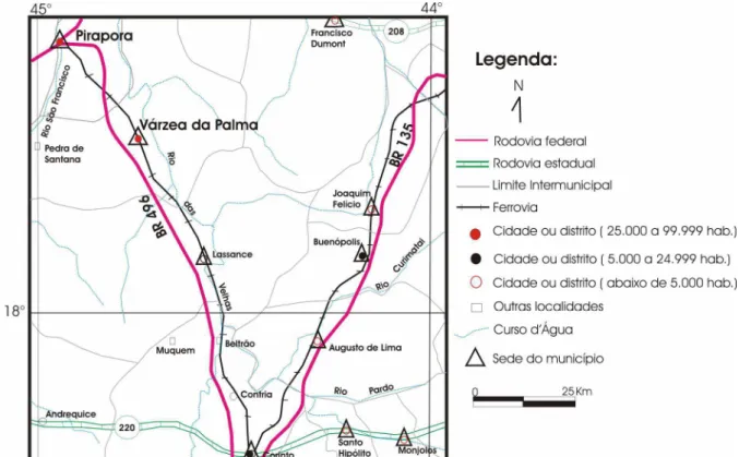 Figura 1.3 – Mapa rodoviário da região mostrando acesso por Pirapora ou Corinto. A área pesquisada localiza-se a 1km 