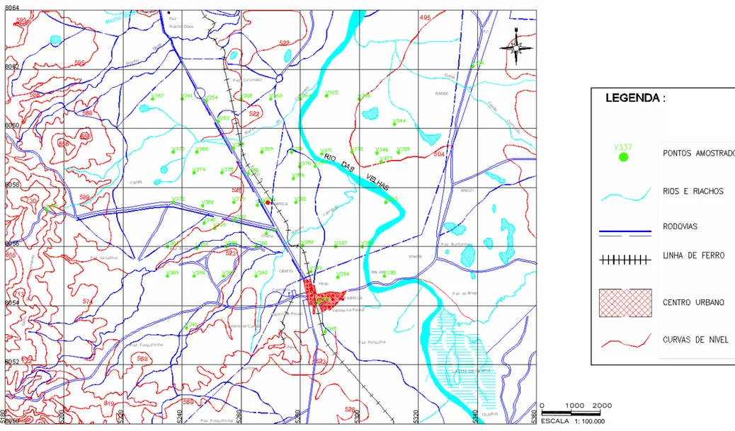 Figura 2.10 – Mapa topográfico da área estudada e localização dos pontos amostrados, compatível com a visualização em 3D da figura 2.9