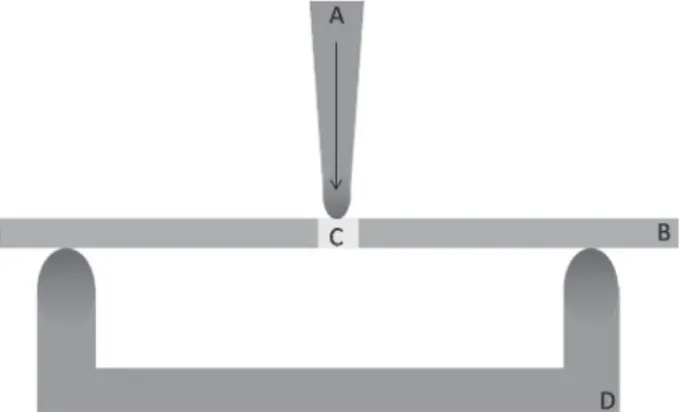 Figure 2-  Scheme of test in MTS 810: A) round-end point,  B) resin specimen, C) resin repair, and D) support for  specimen