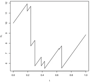 Figura 2.2: Trajet´oria do processo de reservas em [0, 1] com c 0 = 10, π = 10,