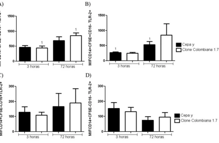 Figura 5: Intensidade média de fluorescência de expressão de TLR2. Os tripomastigotas da cepa Y  e do clone Colombiana 1.7 foram previamente corados com CFSE e submetidos a 3 e 72 horas de  infecção