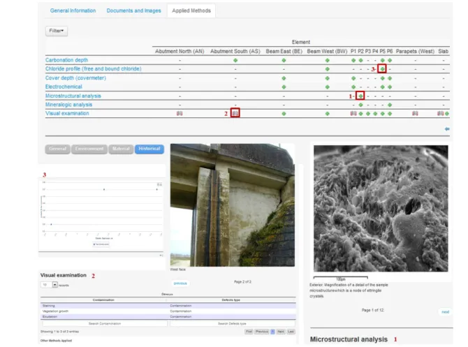 Figure 3: Dynamic table with a case study assessment synthesis for the materials characterization, and typical examples of data.