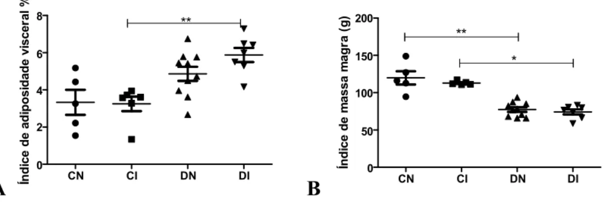 Gráfico 4: (A) Índice de adiposidade visceral (%) após 50 dias de experimento; (B) Índice de massa magra  (g)  após  50  dias  de  experimento