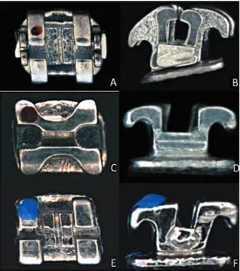 Figure 1- Brackets evaluated. (A-B) Passive self-ligating  bracket.  (C-D)  Bracket  with  modiied  slot  design