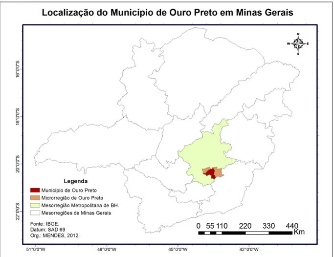 FIGURA 1 – Mapa de localização do município de Ouro Preto inserido na Microrregião de Ouro Preto  e na Mesorregião Metropolitana de Belo Horizonte