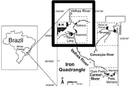 Figura  1:  Localização  da  bacia  do  rio  das  Velhas  destacando  a  área  de  estudo  (adaptado  de  Borba et.al., 2004)
