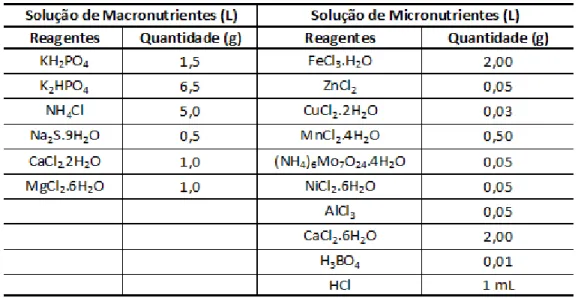 Tabela 4.2  – Composição das soluções de nutrientes para os reatores anaeróbios 