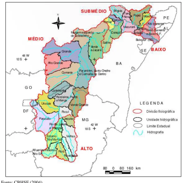 Figura  3.2.  Unidades  hidrográficas  de  referência  e  divisões  fisiográficas  da  bacia  do  rio  São  Francisco