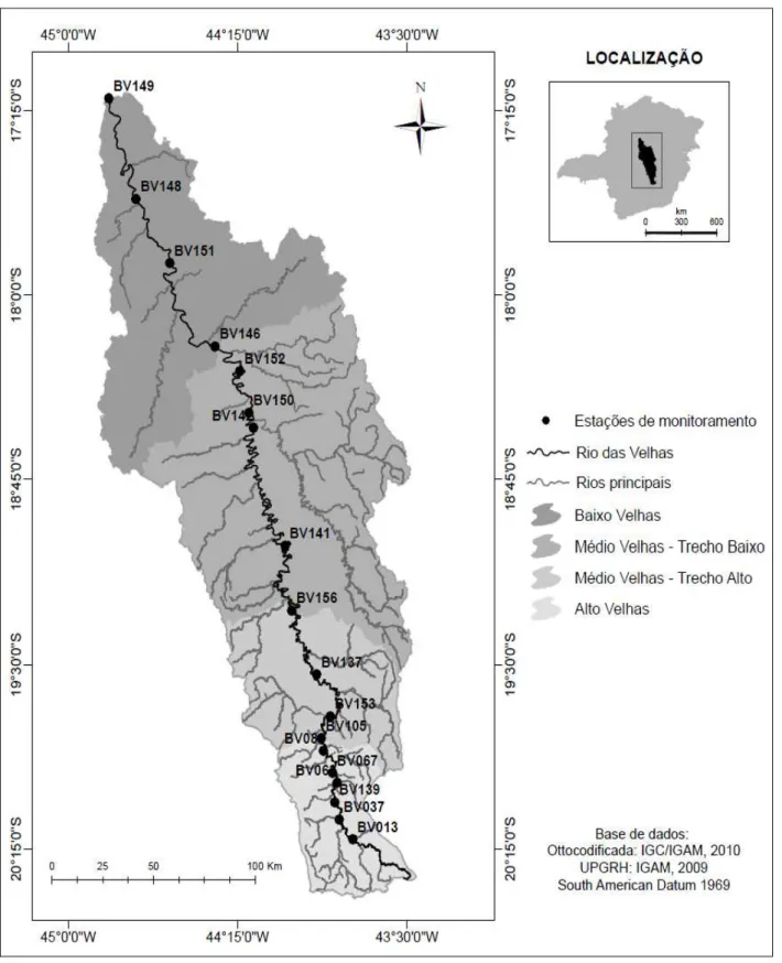 Figura  5.1.  Localização  geográfica  das  estações  de  monitoramento  do  rio  das  Velhas,  com  frequência de monitoramento mensal