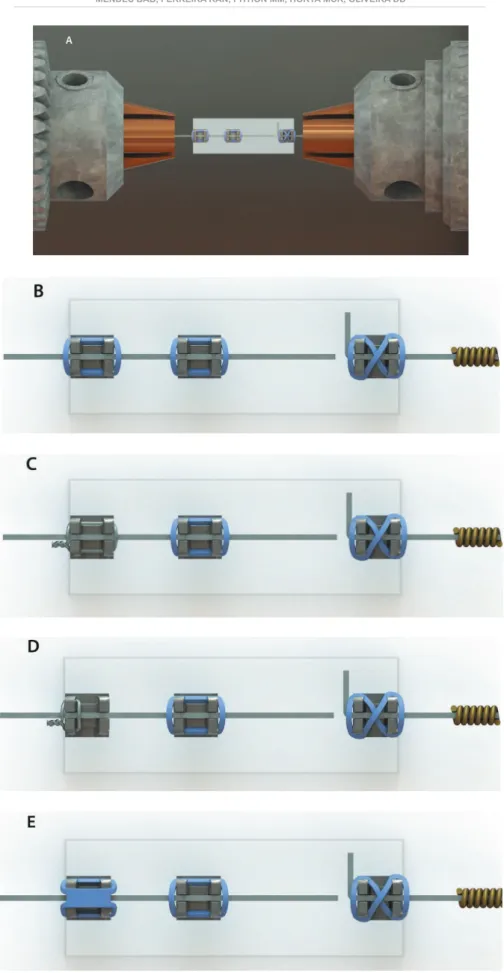 Figure 1- Graphic representation of the device developed to attach the samples to the universal testing machine presenting  all brackets aligned and ready for testing and illustration of the methods of ligation tested