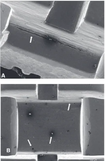 Figure 4- Changes stemming from use and consequent  exposure to the intraoral medium. New bracket (A), after  12 months of use (B), and after 24 months of use (C), all  with 15x magniication