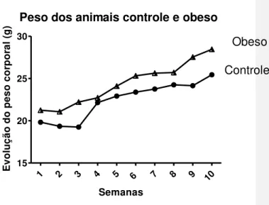 Figura 1 – Evolução do peso corporal dos animais expostos a dieta  com  alto  teor  de  gordura  (grupo  obeso)  e  dos  animais  que  receberam  dieta  convencional  (grupos  controle)