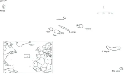 Fig. 1.  Location of the Azorean archipelago in the North Atlantic Ocean and Eastern, Central and Western groups  of islands (most importat native forest fragments are shaded in grey) (adapted from Gaspar el al