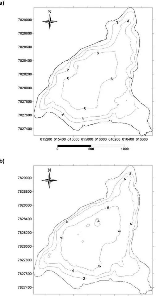 Figura 3: Batimetria da Lagoa Central (a) Biosonics DT-X e (b) Ecobatímeto Sonar 