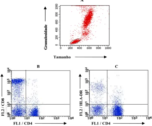 FIGURA 5 - Avaliação do percentual das subpopulações de células T e o percentual de  células CD4 + HLA-DR +  em células do sangue periférico utilizando a estratégia de análise  convencional