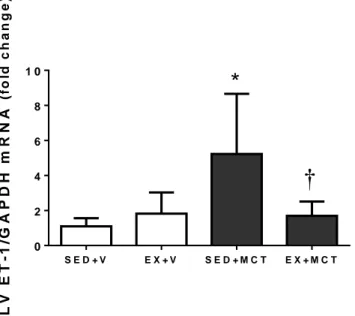 FIGURE 2: Effects of exercise training in LV ET-1 mRNA. Values are mean±SD (n=7 animals per group)