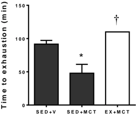 FIGURE 3: Impact of exercise training on exercise tolerance. Values are mean±SD (n=5 animals per group).* P&lt;0.05  vs