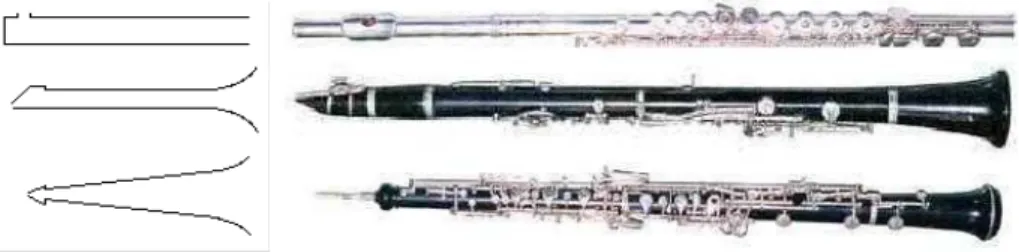 FIGURA 2 - As diferentes geometrias dos tubos internos. Cilíndrico aberto(flauta), cilíndrico fechado(clarineta e o  chalumeau) e o cônico(oboé)
