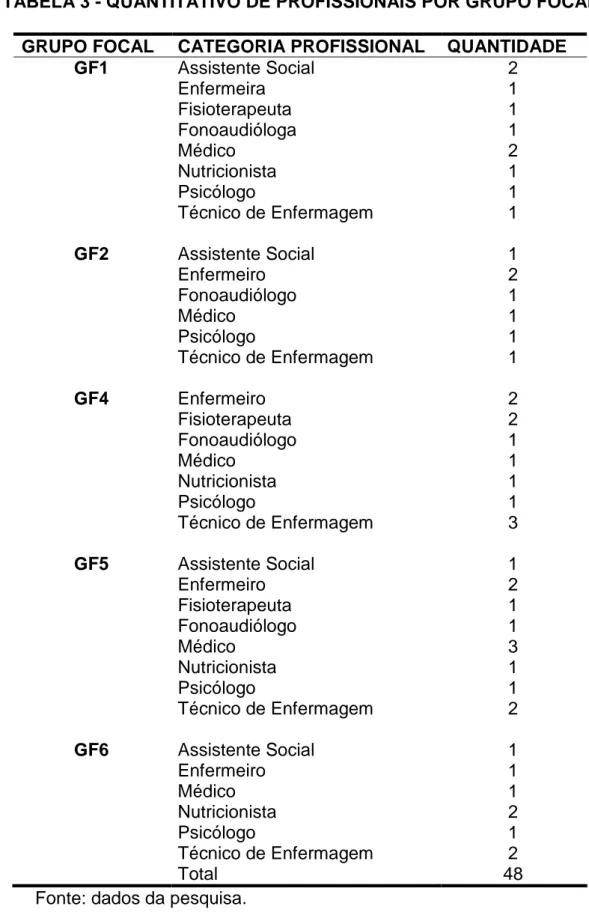 TABELA 3 - QUANTITATIVO DE PROFISSIONAIS POR GRUPO FOCAL 