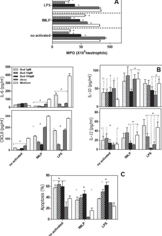 Figure 1- Budlein A negatively regulated the neutrophil activation to fMLP and LPS. Neutrophils from healthy controls were  FXOWXUHGZLWKPHGLXPRQO\RUEXGOHLQ$ȝ0ȝ0RUȝ0GH[DPHWKDVRQHȝ0EXGOHLQSOXVI0/3RUEXGOHLQ plus LPS